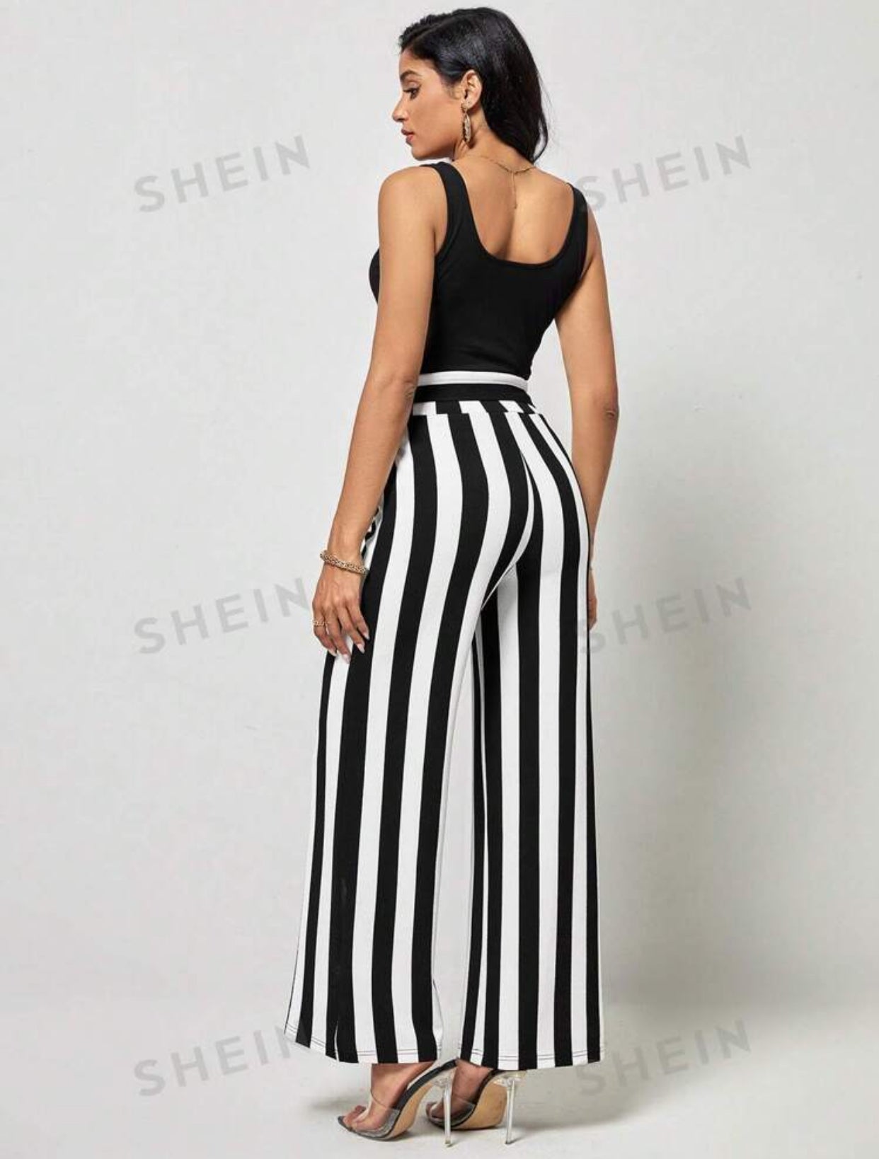 Women's Classy Black & White Striped Belted Wide Leg Pants