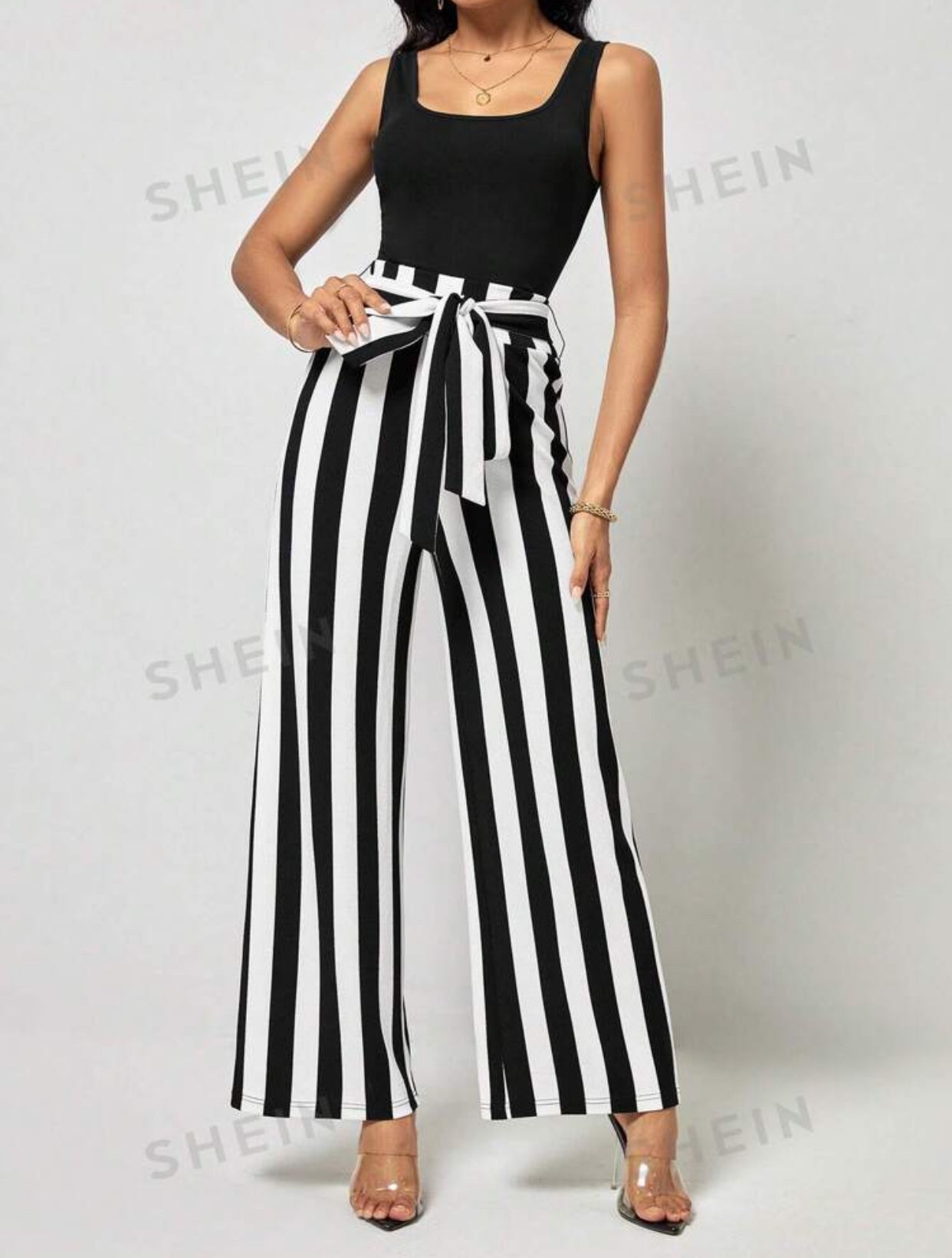 Women's Classy Black & White Striped Belted Wide Leg Pants