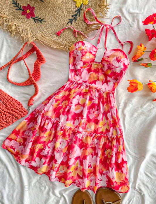 Ladies' Tropical  Style Red & Orange Floral Dress