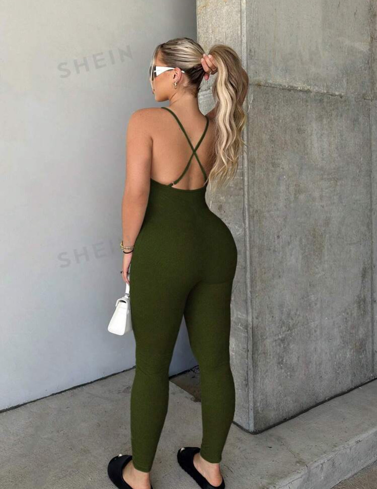 Women's Sexy Backless Army Green Criss Cross Jumpsuit (L) 8/10